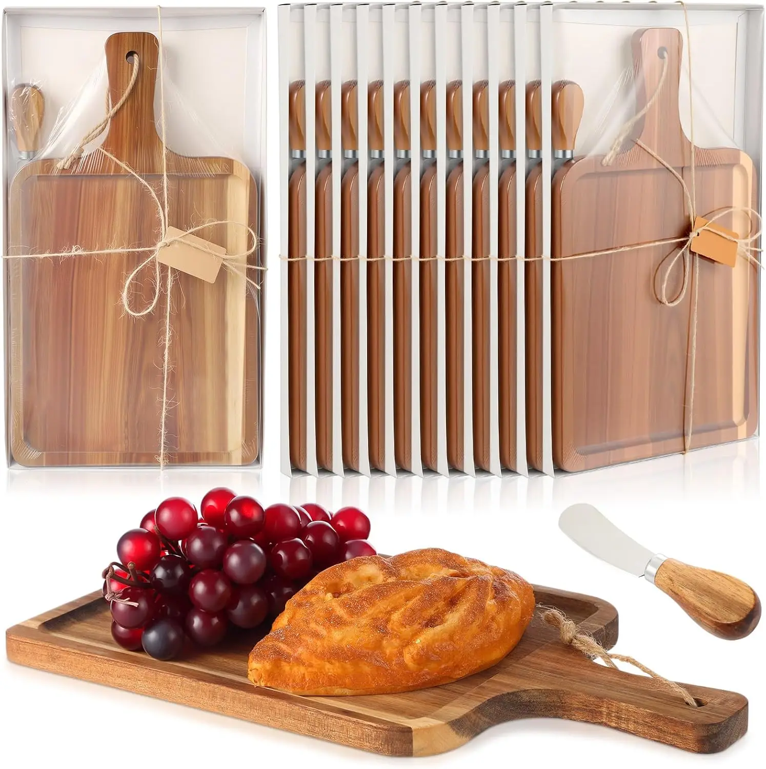 

12 Set Acacia Wood Charcuterie Board with Knife Wooden Serving Tray with Groove Acacia Wood Cutting Board with Gift Box