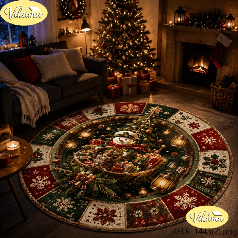 VIKAMA 3D Snowman Captain Round Rug Flannel Non Slip Circular Carpet Boat Gift Lantern Pattern Living Room Floor Mat Xmas Decor