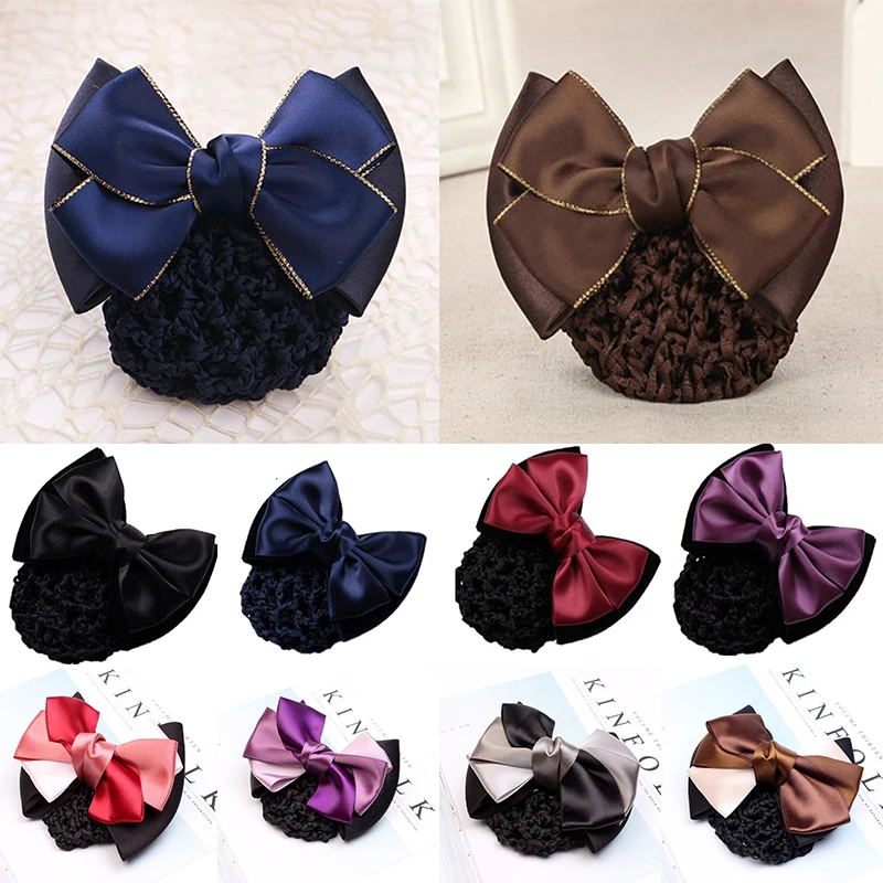 Women Fashion Mesh Bowknot Crochet Hair Net Bun Snood Hairstyle Hair Cover Staff Flight Attendant Nurses Satin Hair Clip Hairnet