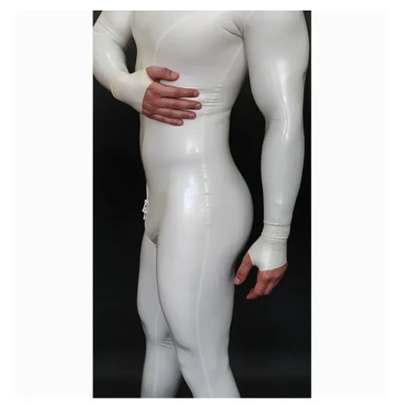 Men's White Full Body Latex Catsuit Face Entry Rubber Bodysuit Half Gloves Finger Ring Style with Crotch Zip