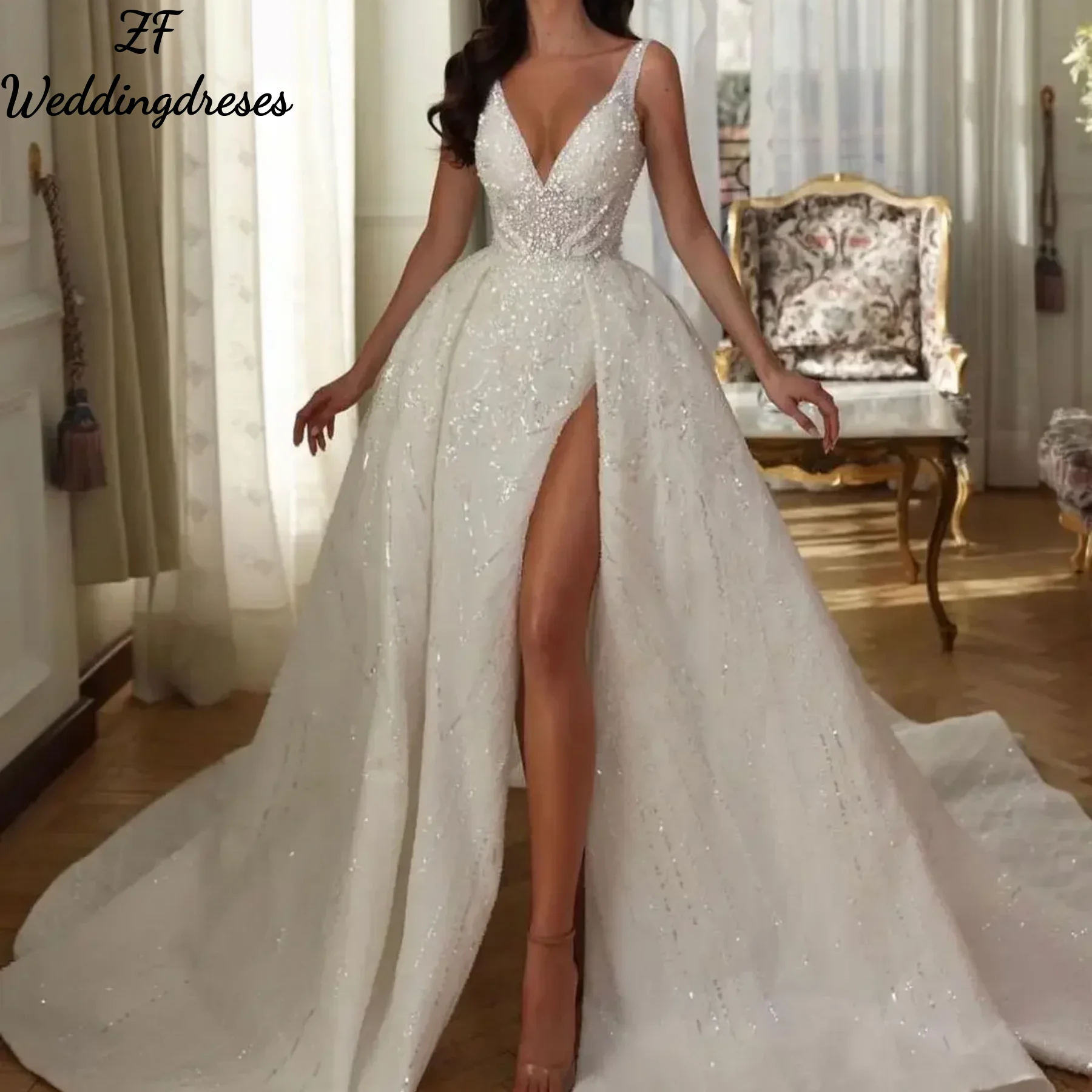 zfCustomized Stylish Ball Gown WeddingDresses Sleeveless VNeck Sequins Straps Appliques Lace Side Slit Pearls Bridal Gowns Dress