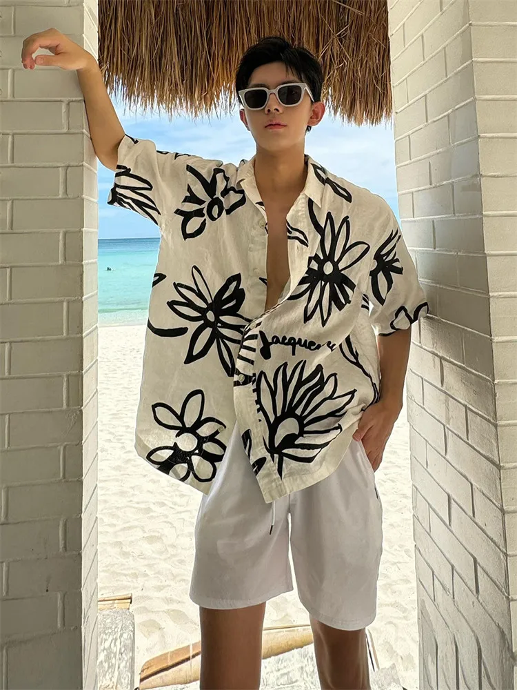 

High-End Vaion irt Cuban Collar Beach Floral Men's ort Sve 2026 Summer Sanya Island Wear Casual Loose Fit Polyester