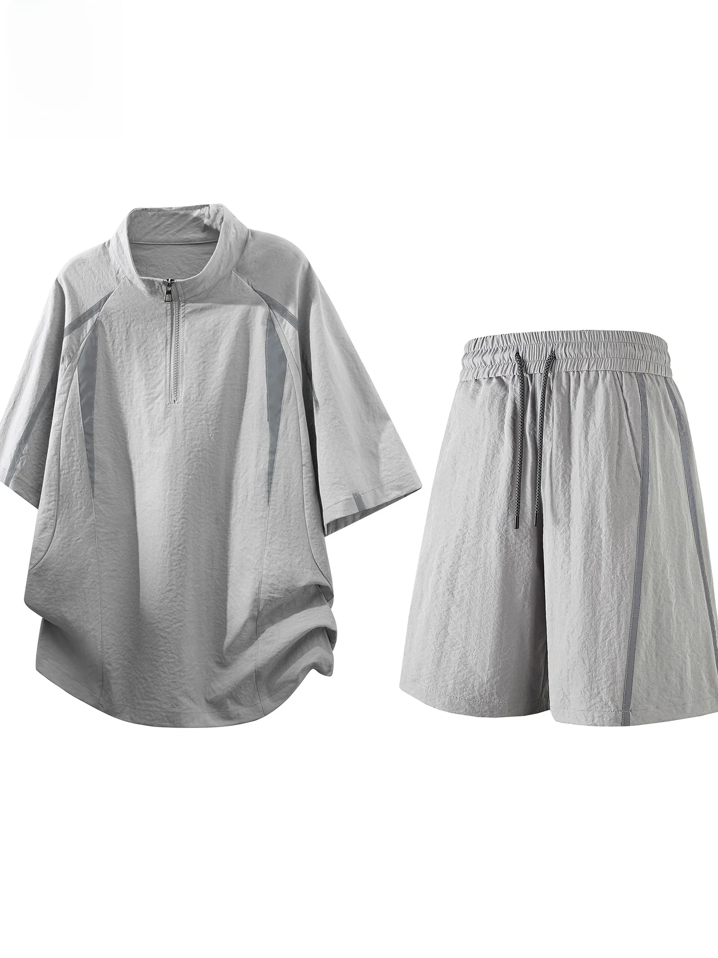 romon-men's-ice-silk-cool-feeling-half-zip-short-sleeve-sport-suit-summer-loose-breathable-fashionable-two-piece-set