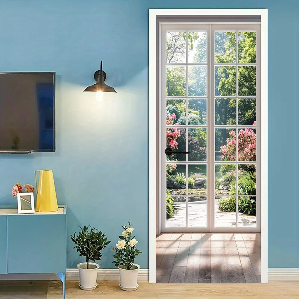1 Piece of French Door Sticker - Tranquil Garden Landscape Peeling Mural, Self-Adhesive Contemporary Floral Green Pond Poster, H