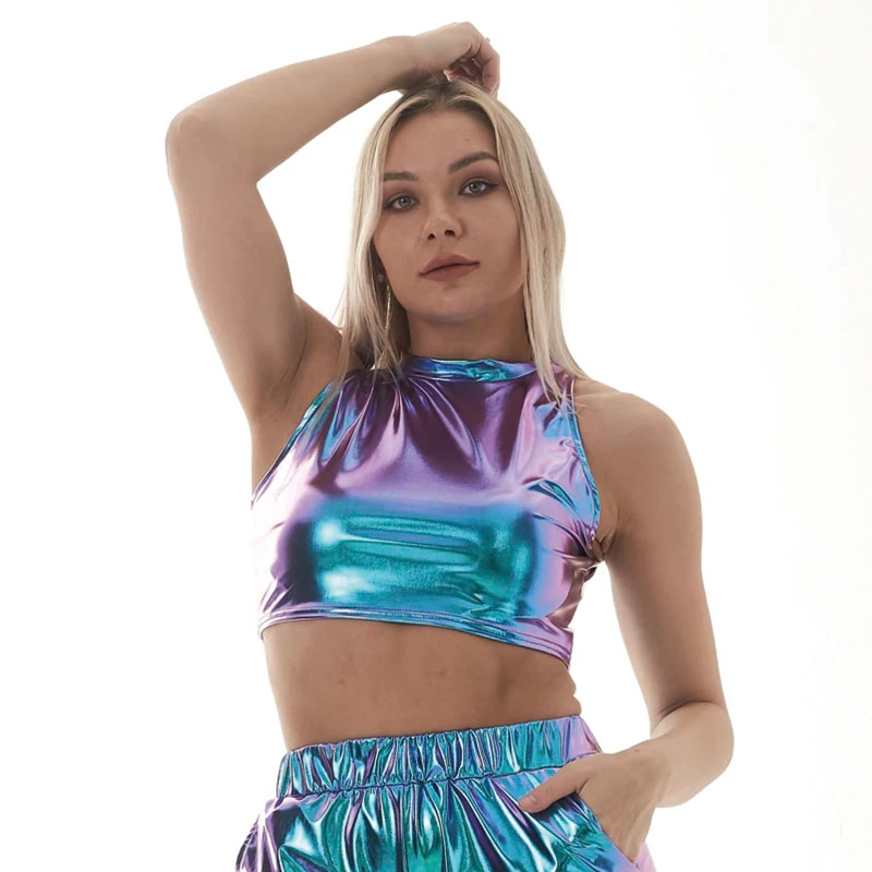 Women Shiny Crop Top Mock Neck Metallic Spandex Vest PU Faux Leather Sleeveless Sexy Tank Top Pole Dance Costumes Clubwear Party