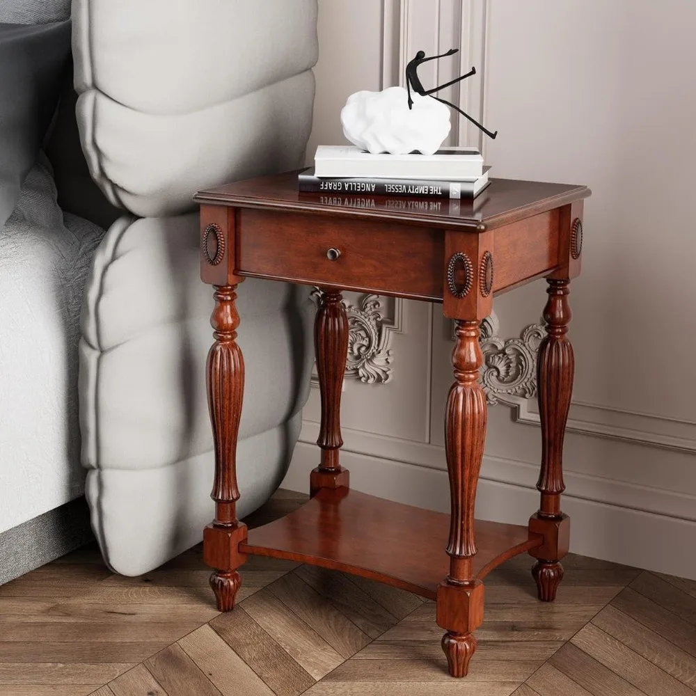 Antique Nightstand Bedside Table Cherry Wood Finish, Traditional Victorian Queen Anne End Side Table with Drawer