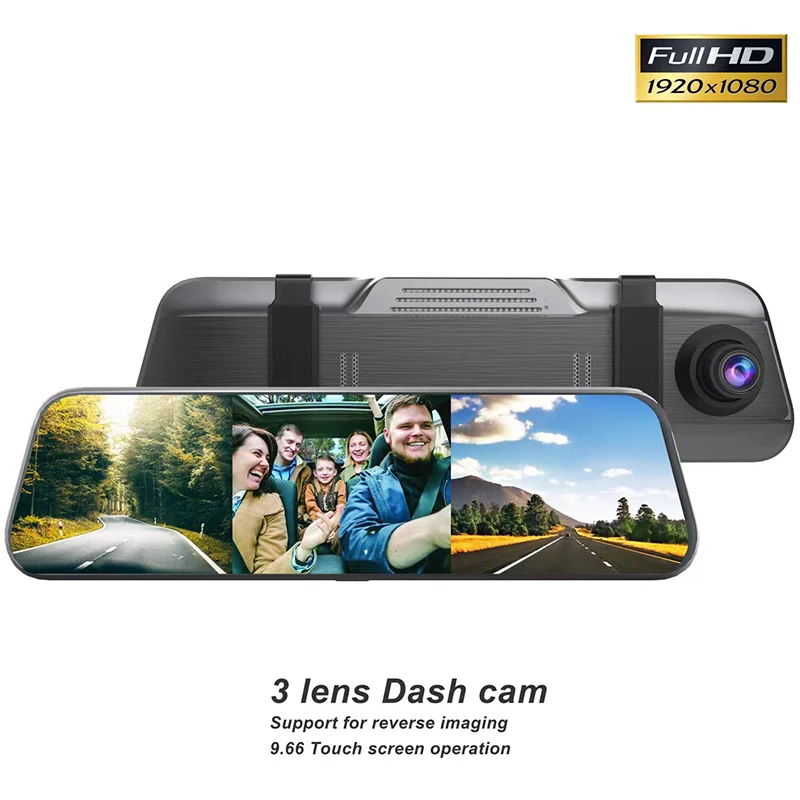 3 Channel Dash Cam Car Mirror DVR HD 1080P Touch Screen Dashboard Camera Front Inside Rear 170 Degree Wide Angle Reverse Image