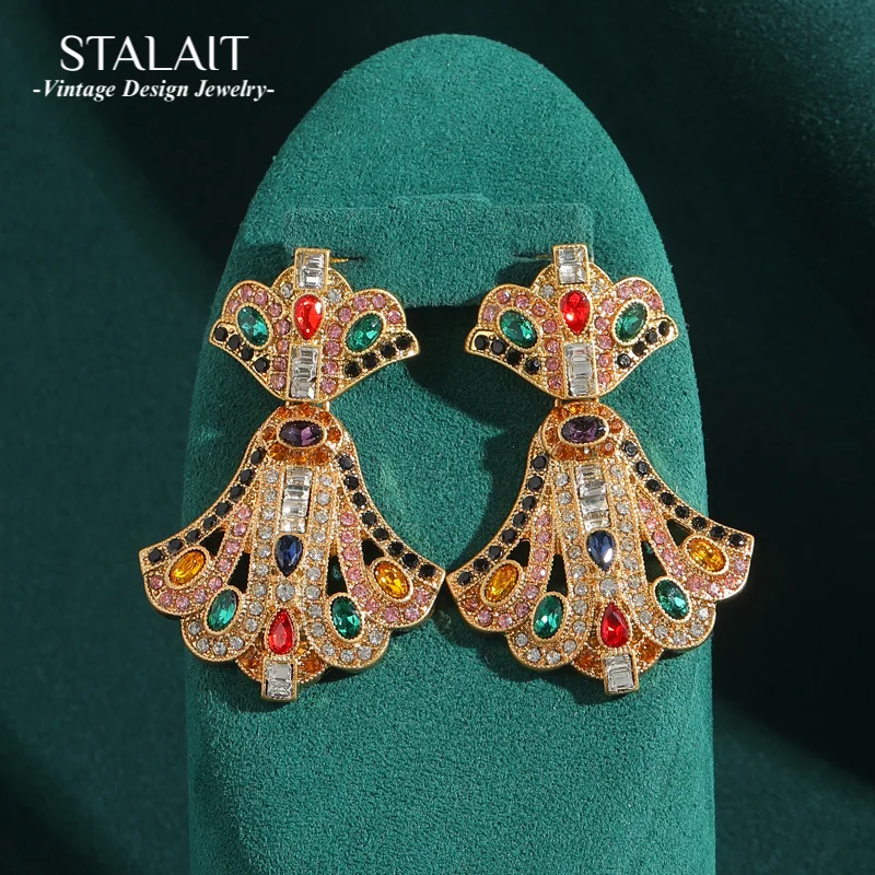 

Women Antique Palace Drop Earrings Gold Color Colorful Crystal Flower Vintage Luxury Dubai Jewelry Party Accessories Designer