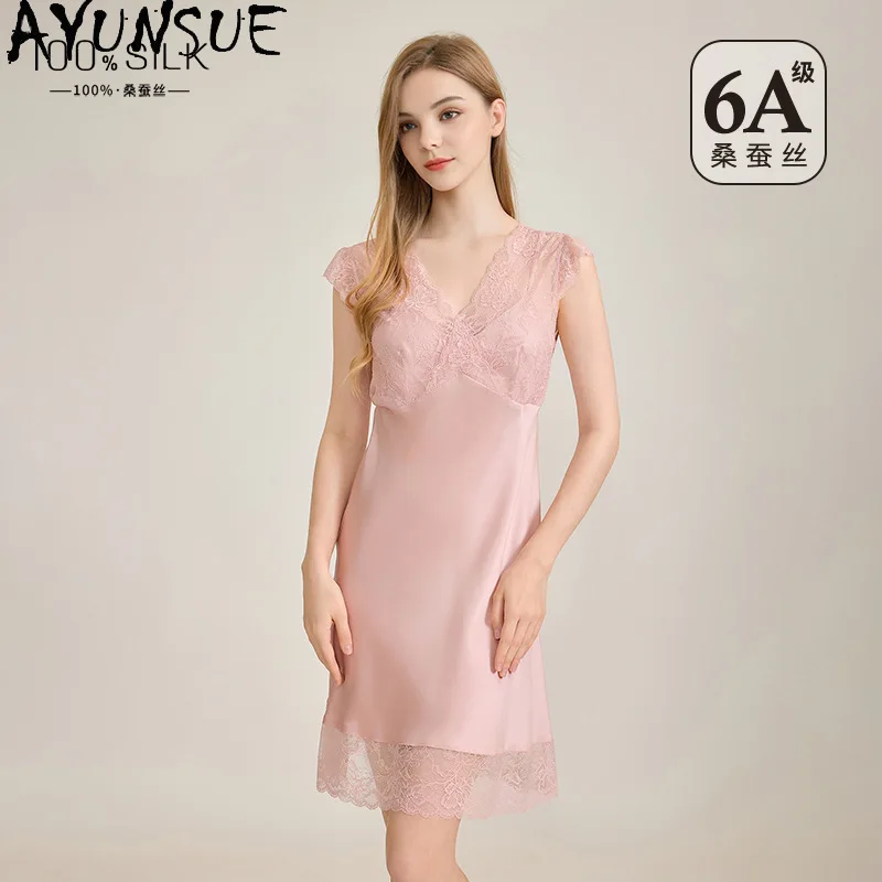 AYUNSUE 100% Silk Night Dress Woman Solid Color Night Dresses for Woman V-neck Nightgowns with Chest Pads Pajamas for Women 잠옷