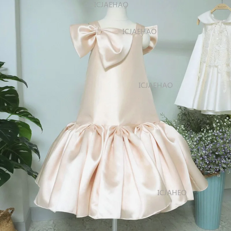 Flower Girl Satin Bow Sleeveless First Birthday Party Gown Pageant CostumeChildren Girls Princess Dress Clothes Kids Wedding