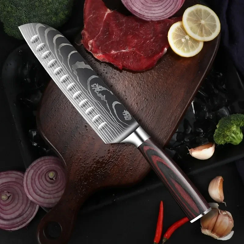 Carbon Steel Santoku Kitchen Knife for Home Restaurant Razor Sharp Japanese Chef Ergonomic Handle Laser Damascus Boning Knife image 6