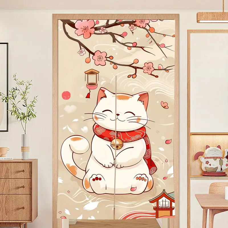 VIKAMA Cute Lucky Cat Noren Door Curtain Sakura Maneki Neko Half Doorway Curtain for Kitchen Bedroom Home Room Decor Gift