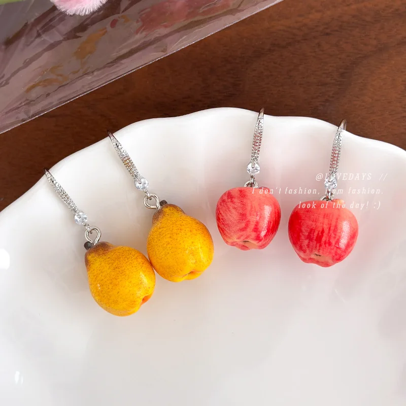 Apple Pear Drop Earrings Carved Rhinestone Long Pendant Lightweight Unique Elegant Summer Party Jewelry for Women