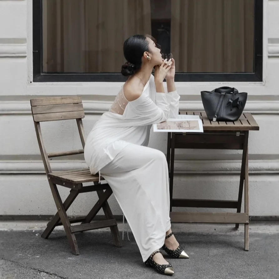

2026 Spring New Women's Pearl Backless Cowl Neck Top Mesh Panel Long Sleeve Blouse Niche Quiet Luxury Style