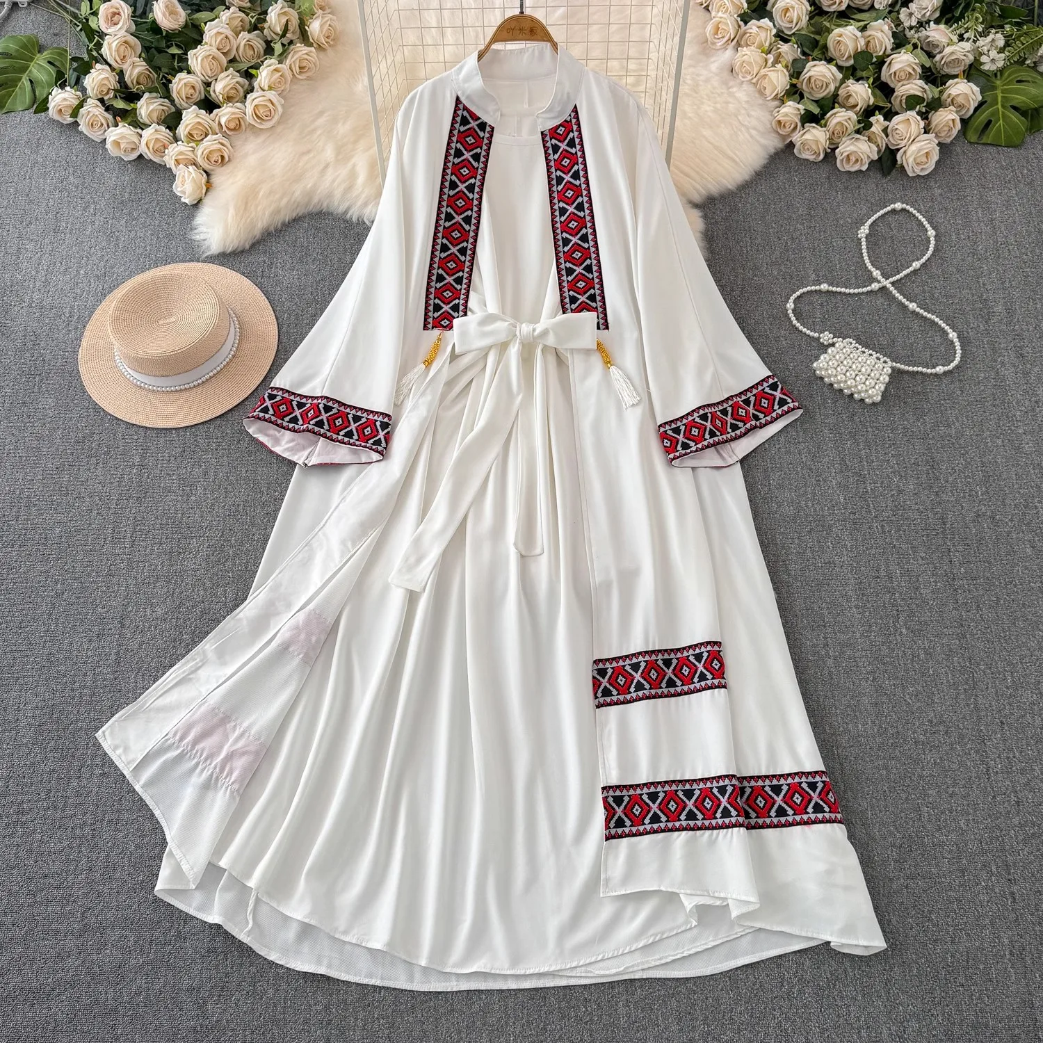 2024 New Boho Elegant Women Spring Autumn Embroidery Tassel Casual O Neck Sleeveless Lace Up Dress+Print Long Sleeve 2 Piece Set