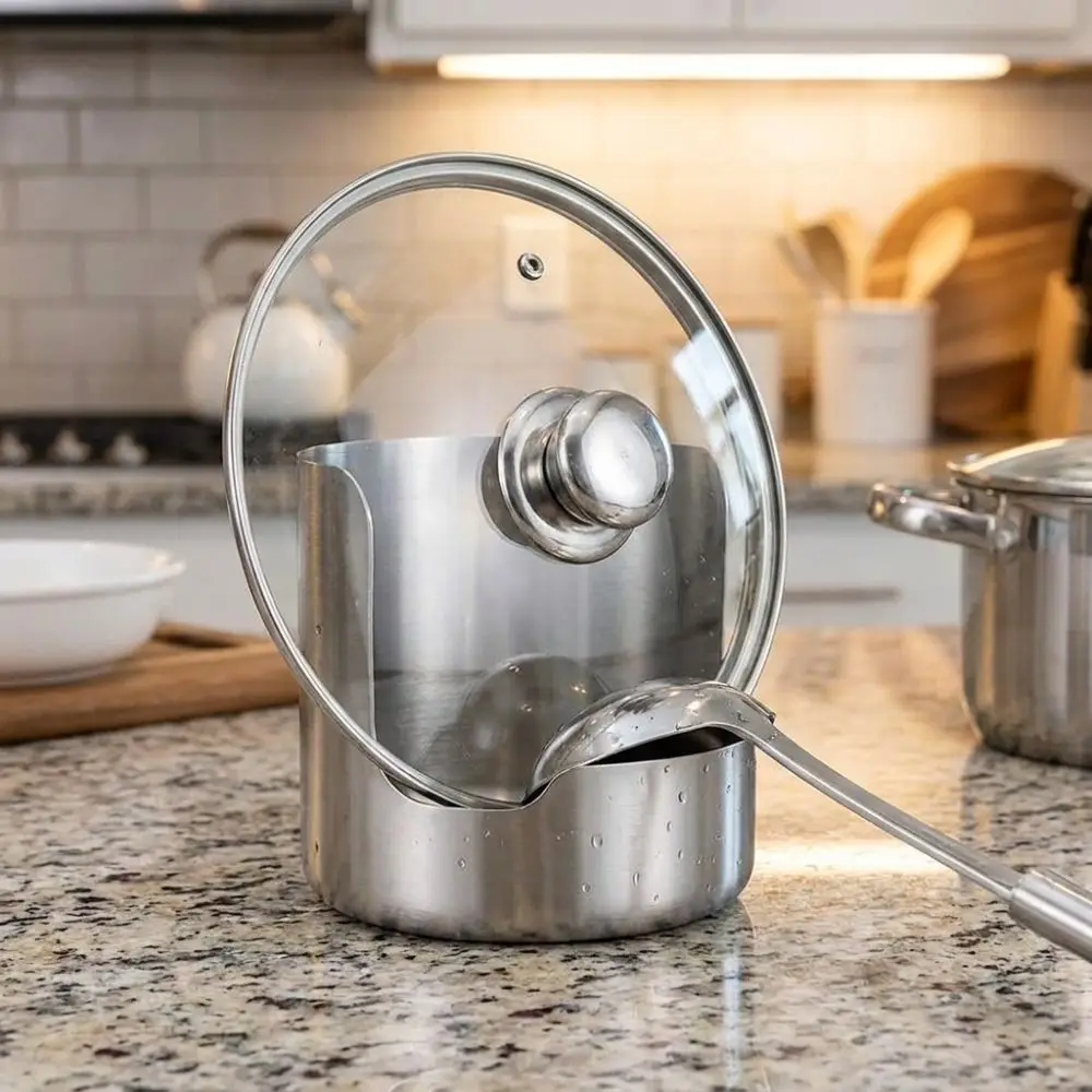 Stainless Steel Pot Lid Storage Rack Stable Non-Slip Spoon Holder Vertical Heat-Resistant Soup Spoon Rest Dinning Table