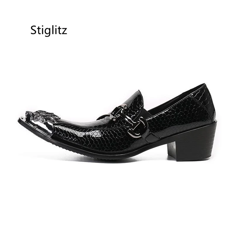 

Metal Buckle Snake Pattern Men's Shoes Black Metal Pointed Toe Leather Shoes for Men High Heel Casual Business Wedding Shoes