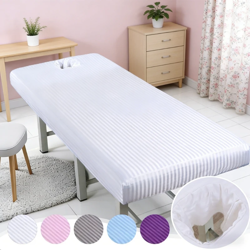80x190cm Massage Bed Sheet Fit with Elastic Rubber Band Striped Washable Breathable Fabric Sheet Face Opening SPA Clinic Cover