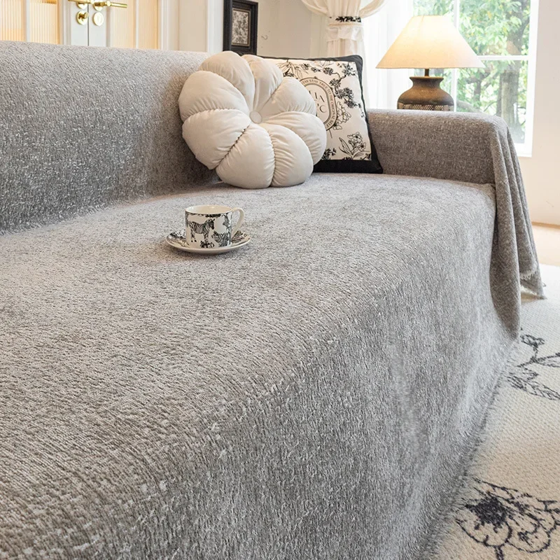 Chenille Sofa Towel All-cover Coffee Striped Pattern Sofa Throw Blanket with Tassels Couch Protector Double Face Usable