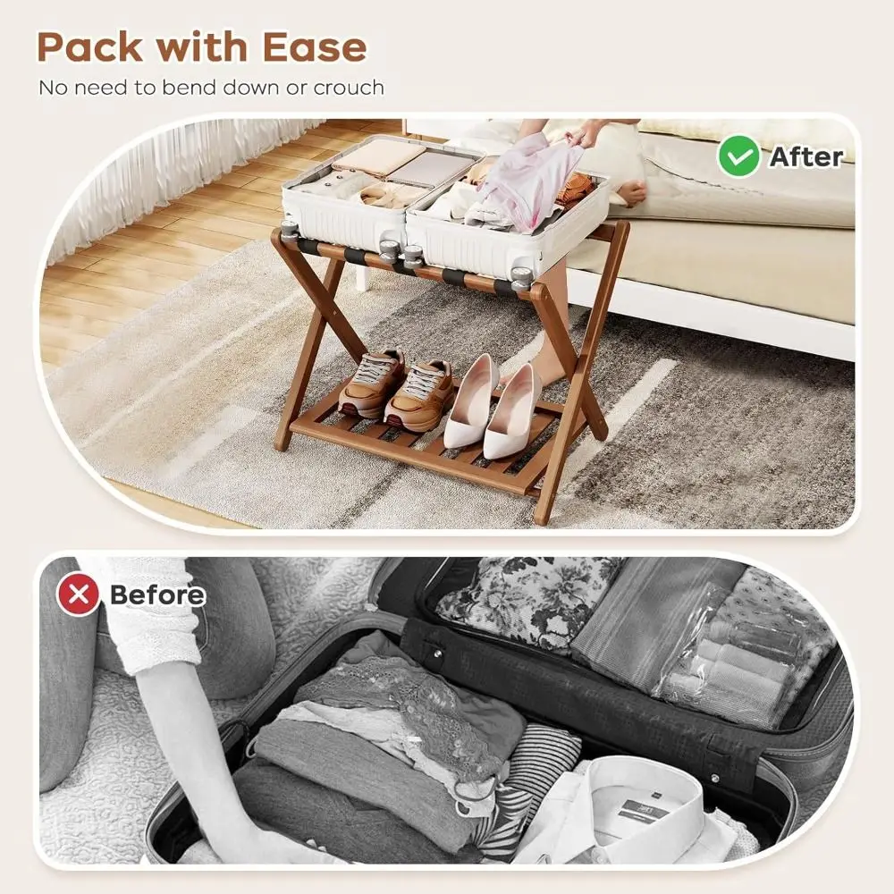 Decor Bamboo Luggage Storage Rack Portable Foldable Shoe Rack Space Saving 2-Tier Foldable Storage Rack Home