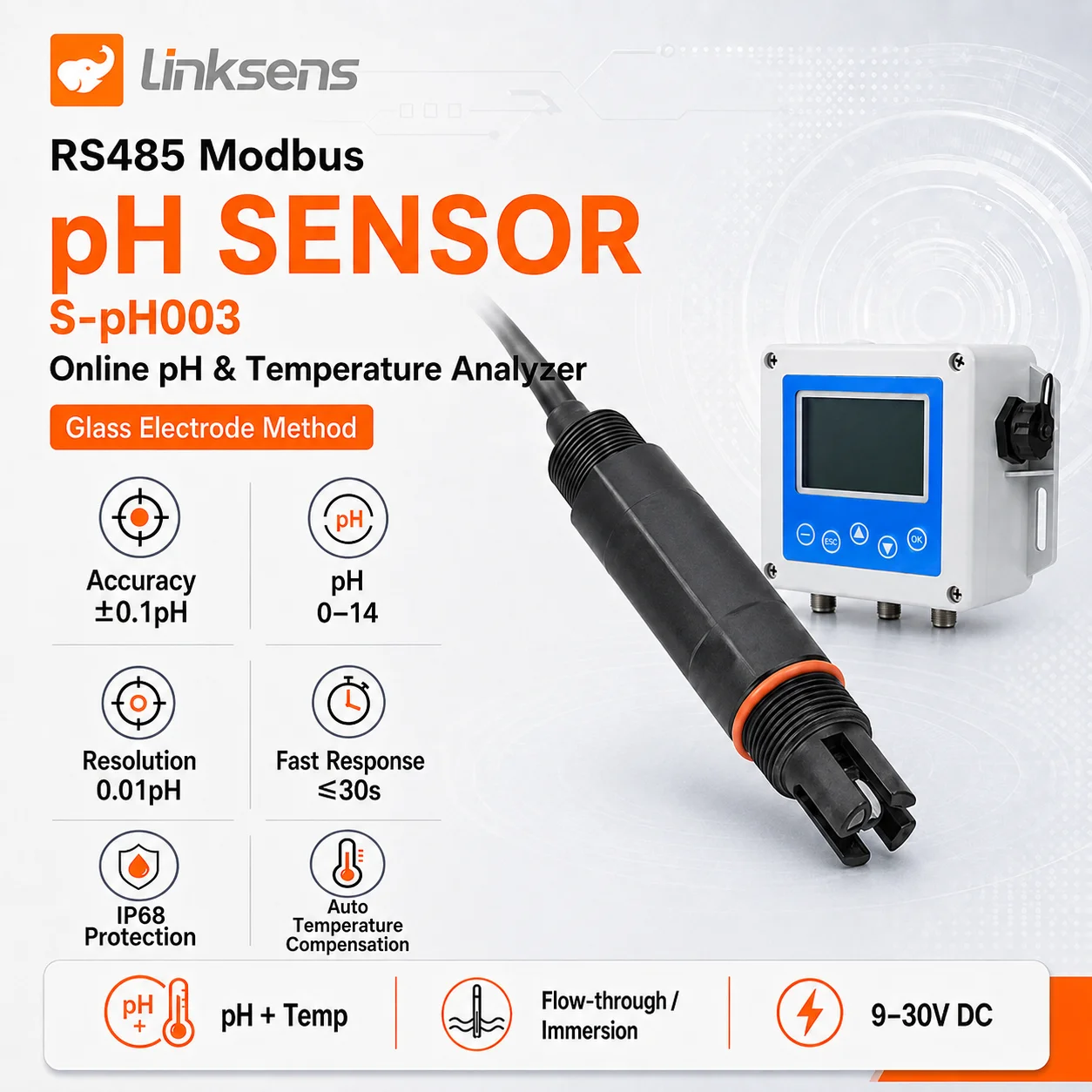 Water PH Sensor 0-14pH High Precision IP68 Online PH And Temperature Probe For Water Process Monitoring