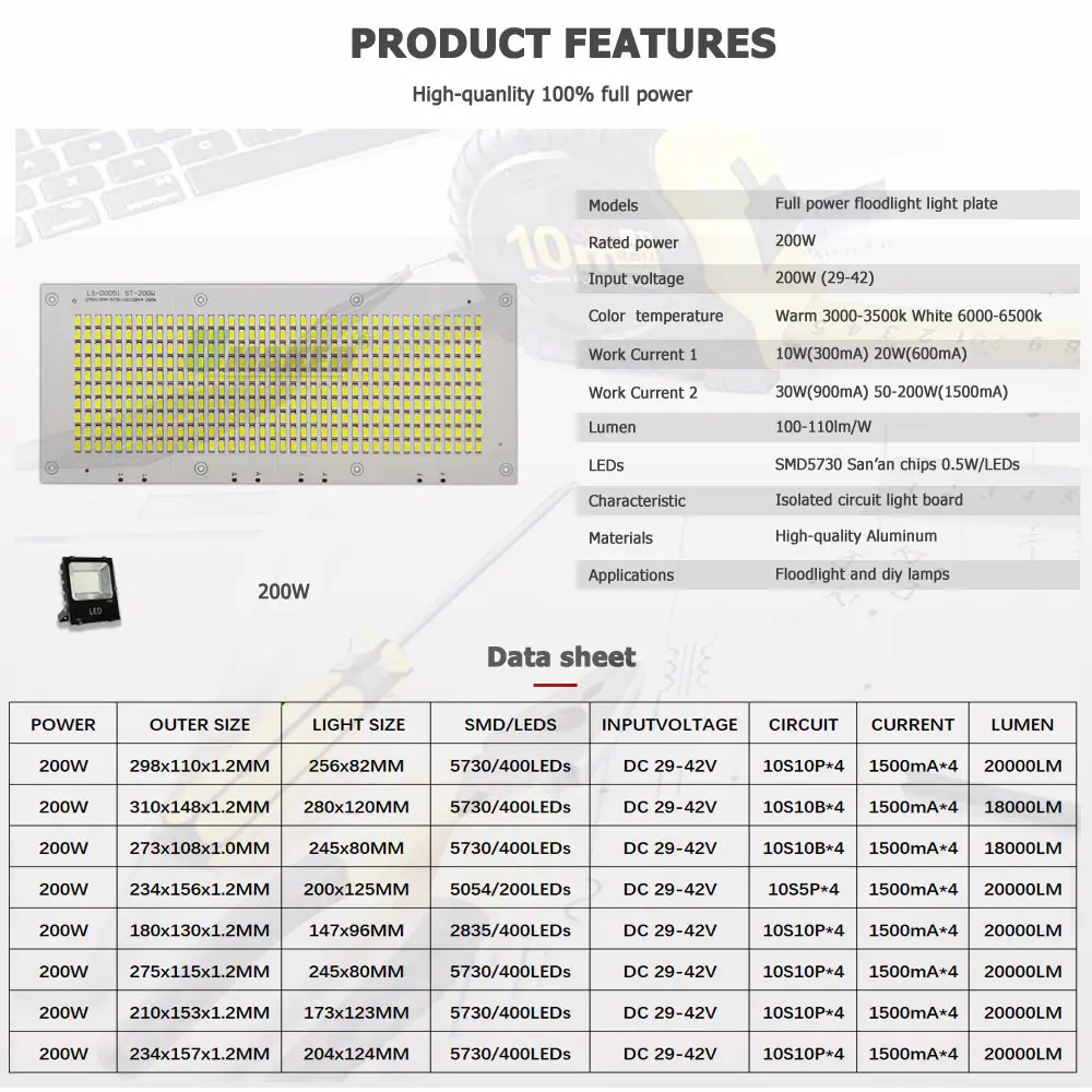 Pełna moc 200W Floodlight Plate wymień LED PCB DC29-42V 4 * 1500mA SMD 5730/2835/5054 Panel źródła światła do lampy uliczne DIY