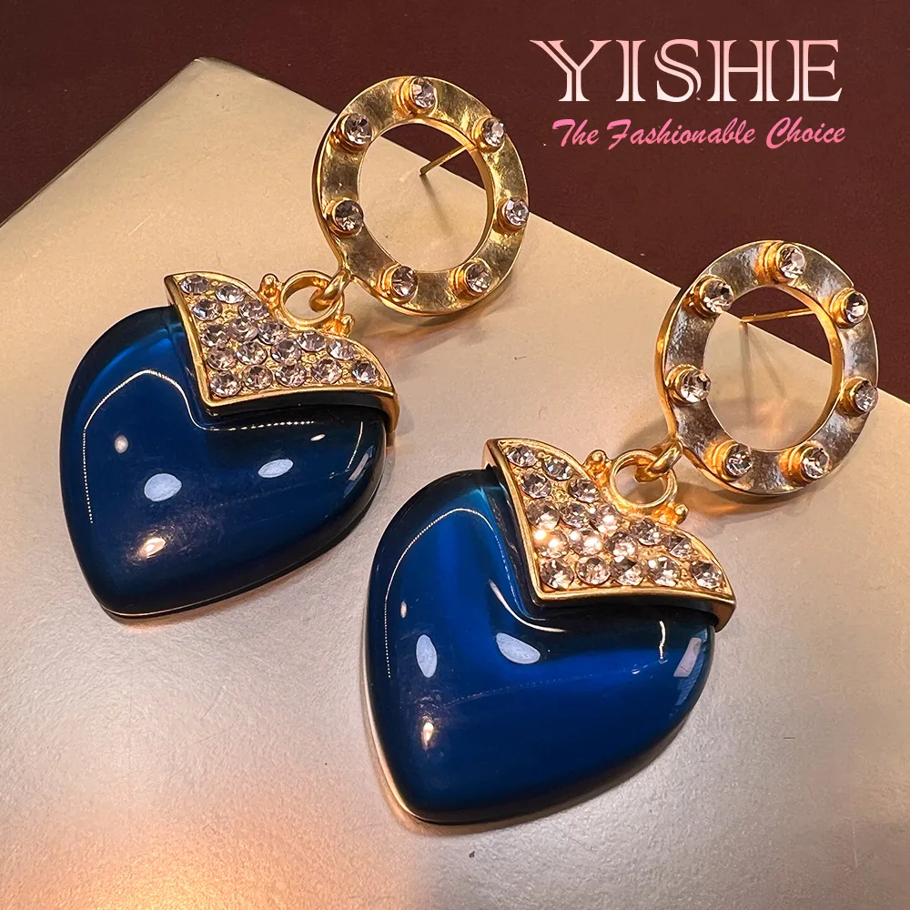 New retro love blue earrings, western antique vintage copper plated real gold versatile face thin antique style