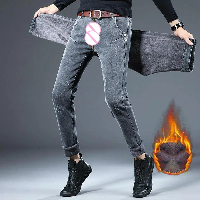 Open Crotch Outdoor Sex Men Warm Jeans Winter New Thick Velvet Slim Fit Business Casual Pants Classic Elastic Cotton Denim Pants