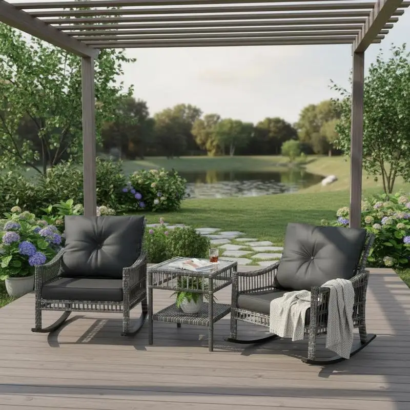 3 Piece Outdoor PE Rattan Rocker Chair Set, Rocking Chair with Tempered Glass Table Top, Gray