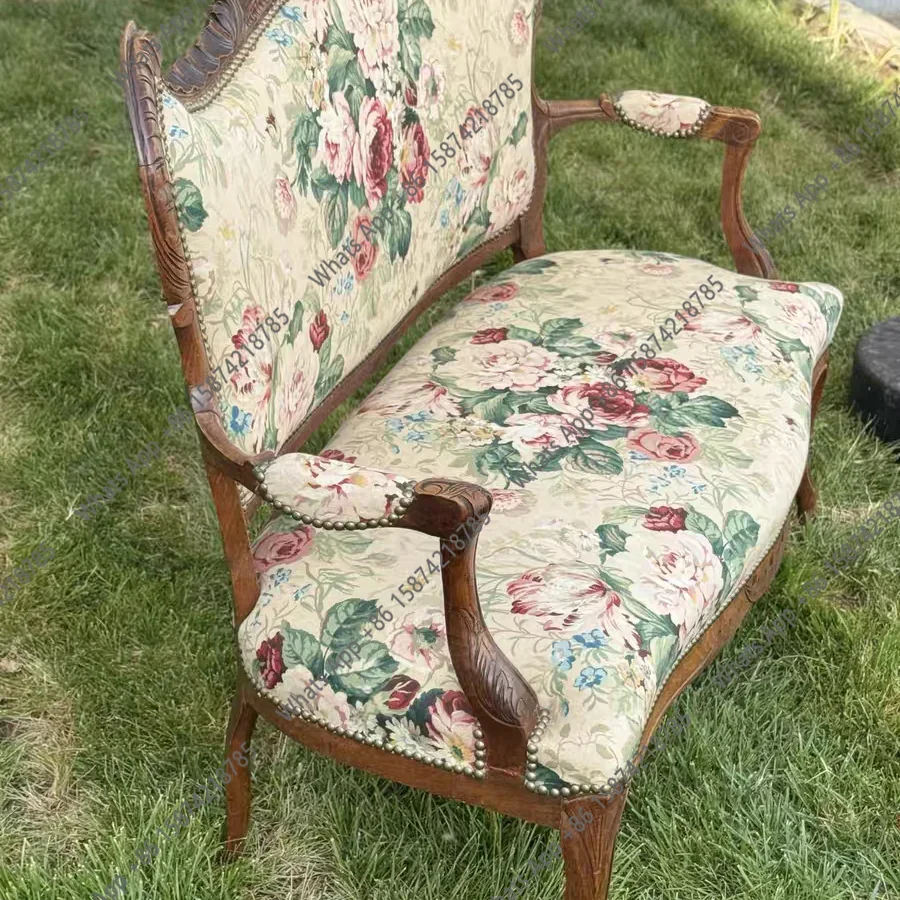 30 French retro solid wood fabric sofa medieval living room double casual American carved dining chair studio chair