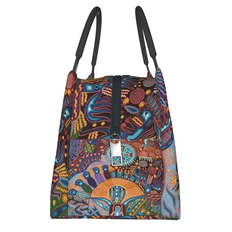 Huichol المكسيكي الفن معزول حقيبة حمل الغداء للنساء المكسيك الجمجمة السفر الإسبانية الحب الأسود المحمولة برودة الحرارية بينتو صندوق #4