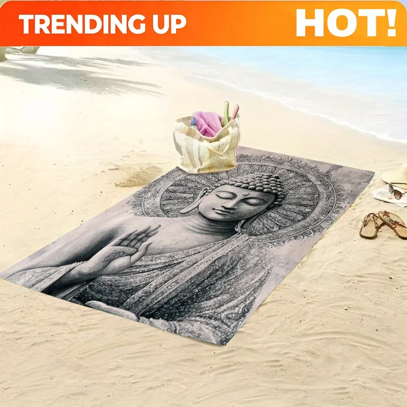 Customize 1pc Buddha Mandala Ink Art Beach Towel - Black & White Meditative Buddha Floral Mandala Design, Soft Microfiber Oversi