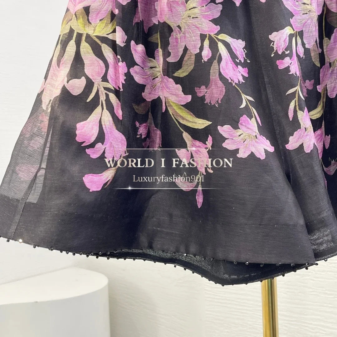 

Linen High Quality 2025 Black Violet Lily Flowers Print Beading Hem Shorts