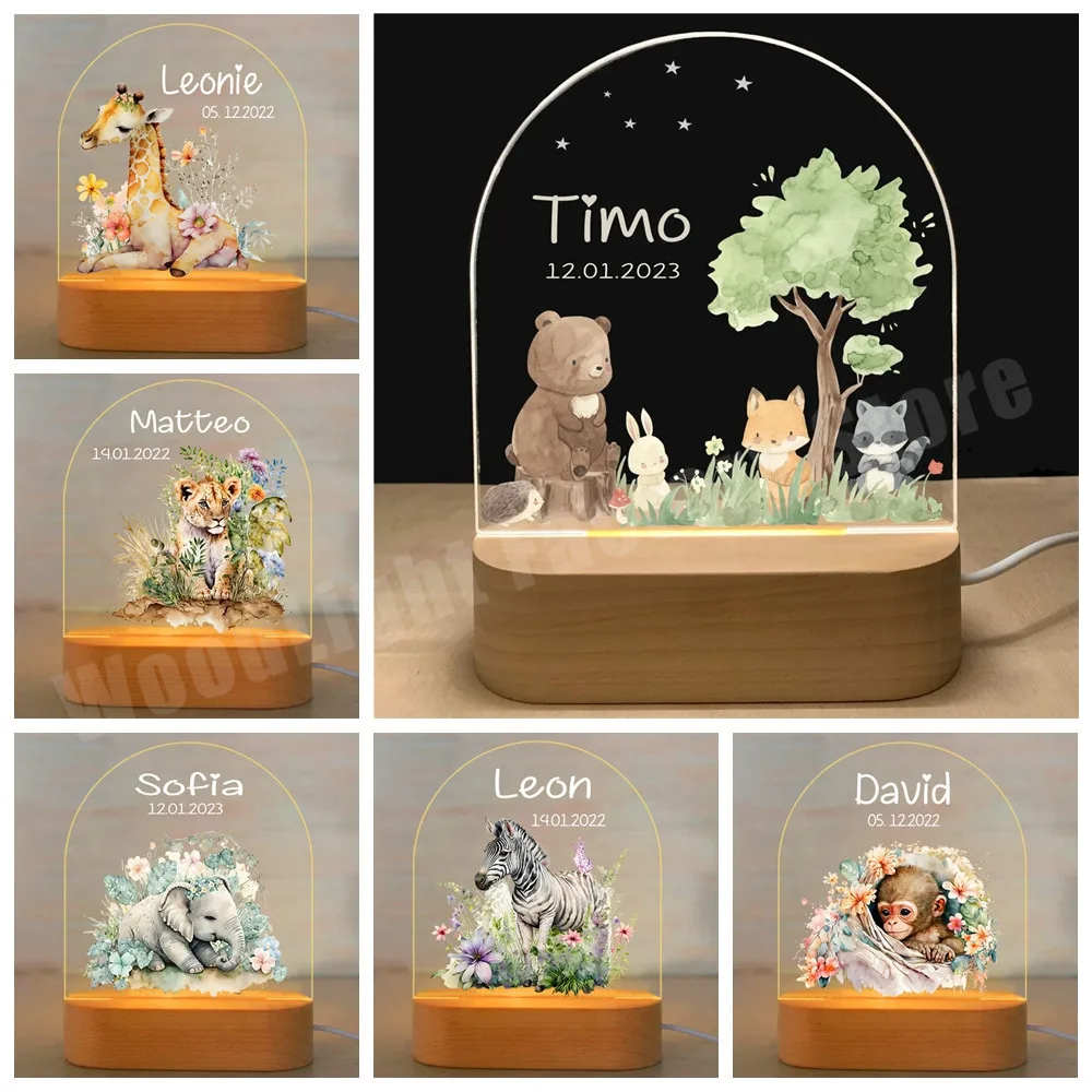 

Personalized Baby Birth Animal LED Nightlights Name Custom Elephant Lion Giraffe Monkey Lamp for Kids Bedroom Decor Warm/RGB