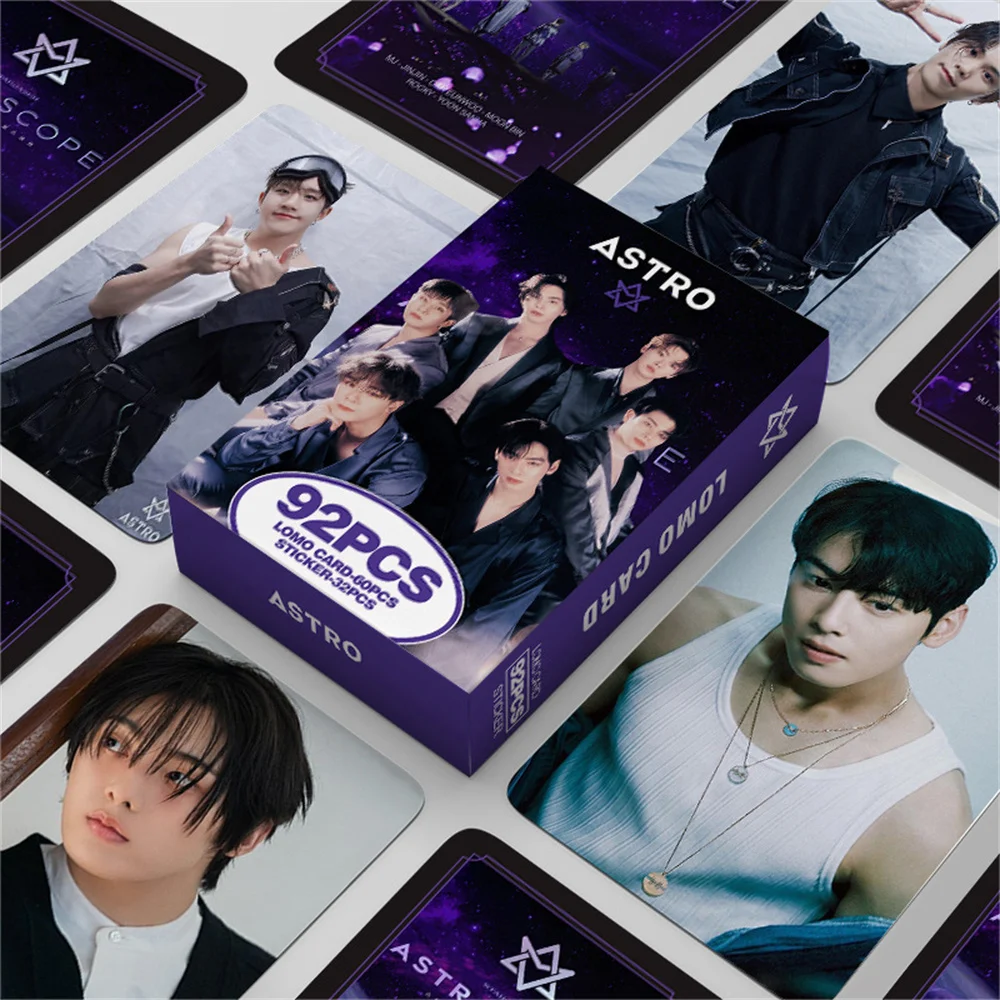 92pcs ASTRO Boxed Cards Cha EunWoo MoonBin Double Sides Colour Printing 60pcs LOMO Cards Rocky Kim Myoung Joon 32pcs Sticker