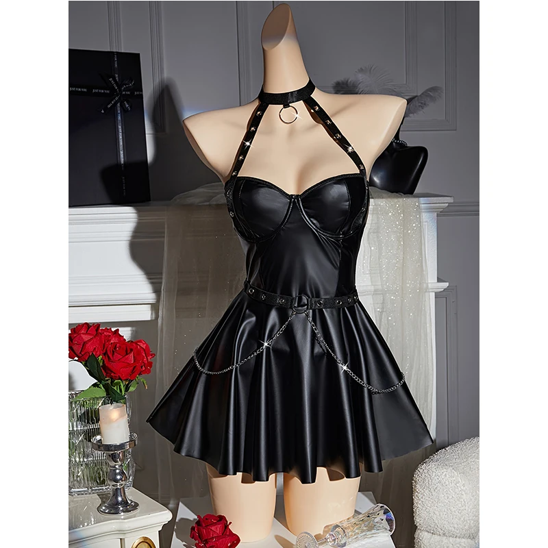 

Sexy Adult Female Short Dress Fetish PU Patent Leather Metal Chain Halter Neck Mini Skirt Latex Erotic Dresses Hot Ladies Outfit