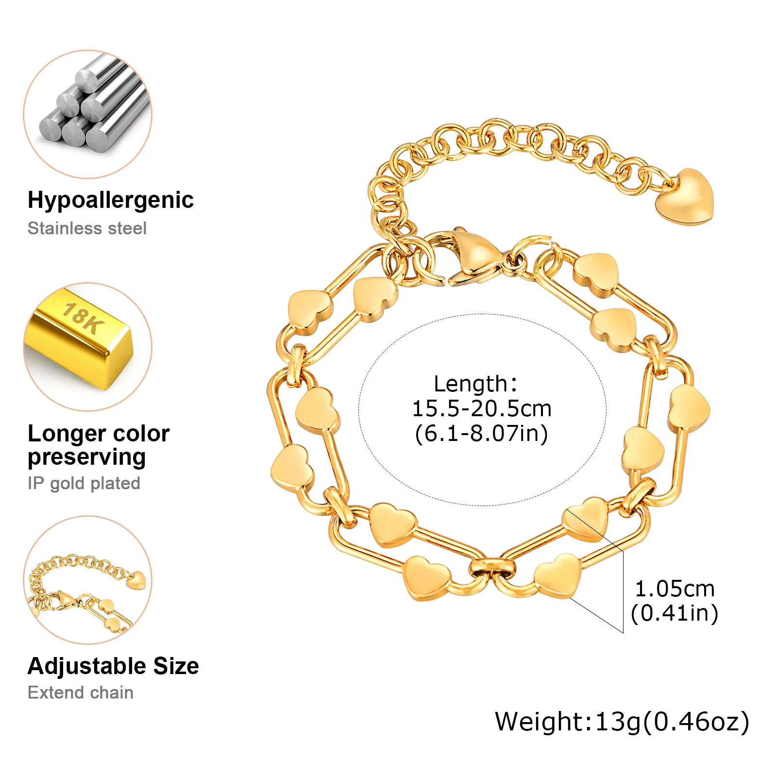 Vnox Handmade Chain Bracelet For Women Girls,Dainty Stainless Steel Heart Links Wristband,Jewelry Valentine\'s Day Gift Card