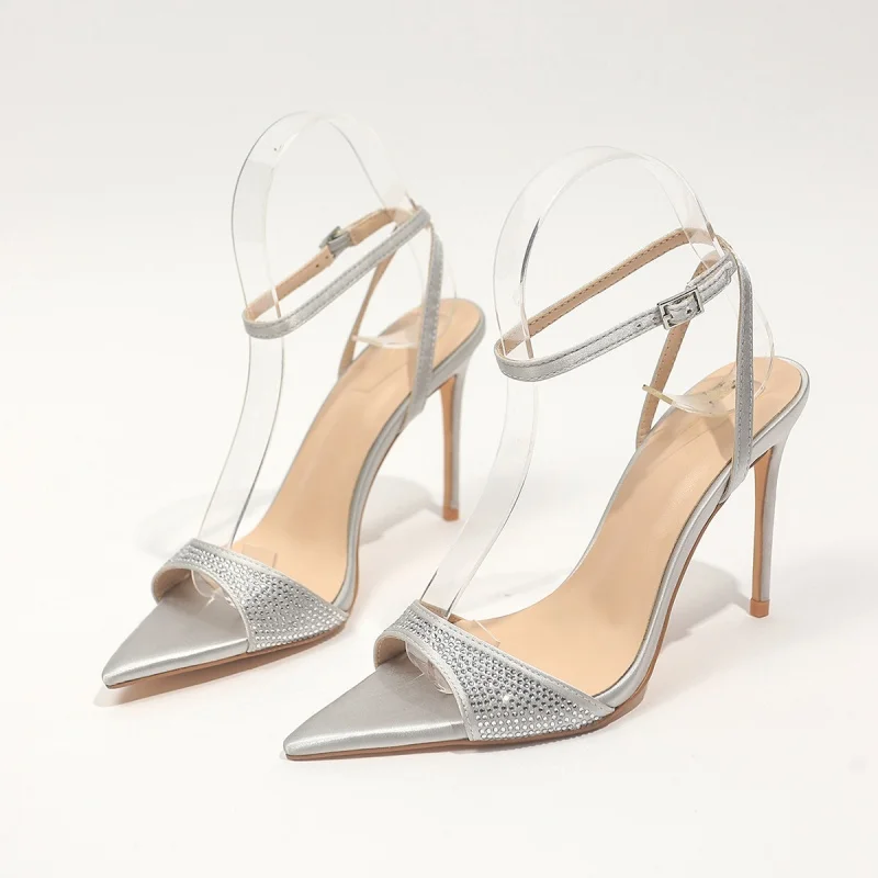 

New Fashion One Strap Ankle Strap Shiny Rhinestone High Heels Open Toe Sexy Women Sandals Solid Color Roman Style Banquet Sandal