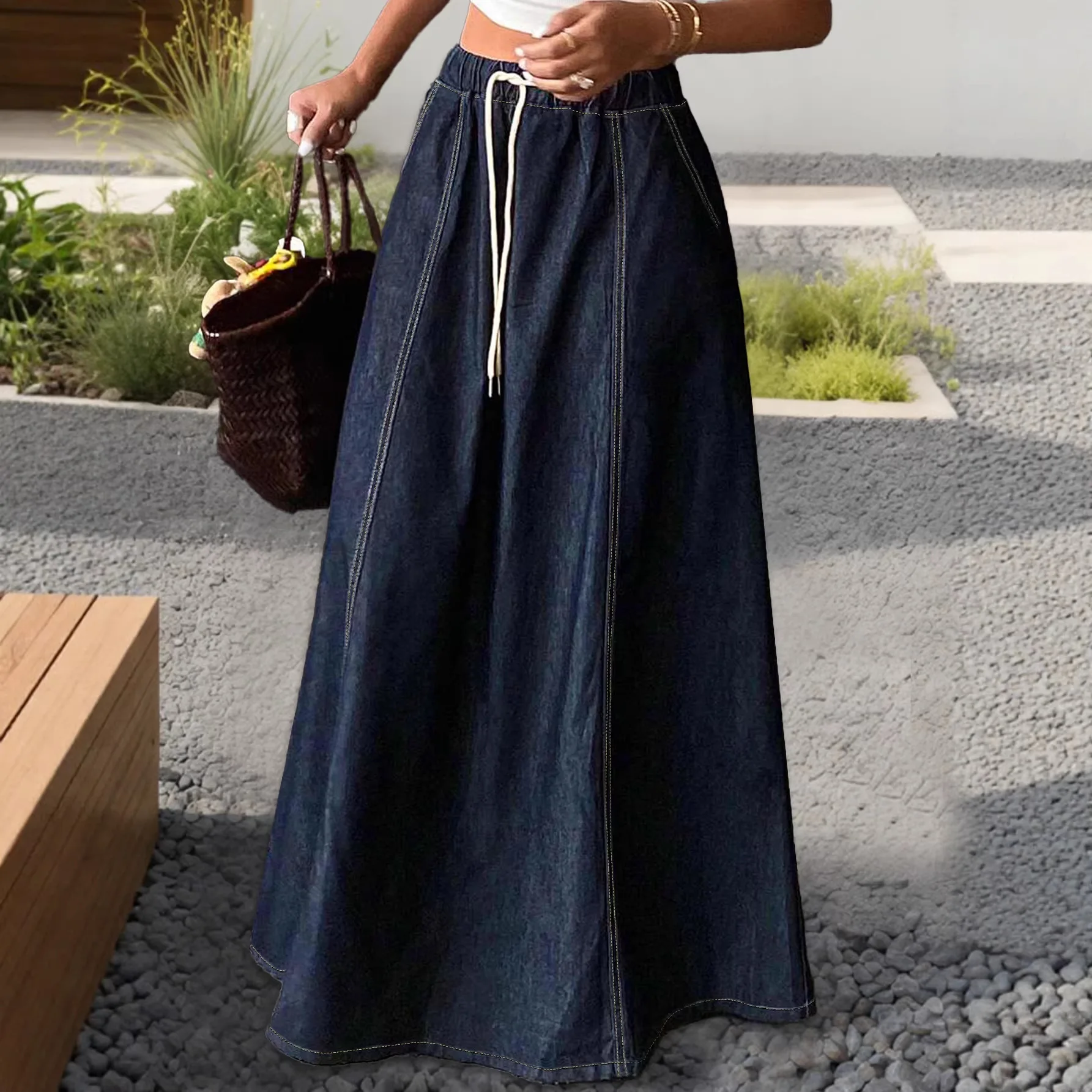 

Long A-Line Midi Skirt Women's Jeans Style Belted Casual Wind Large Umbrella Skirt Spring New Arrival Mid-aged Girls