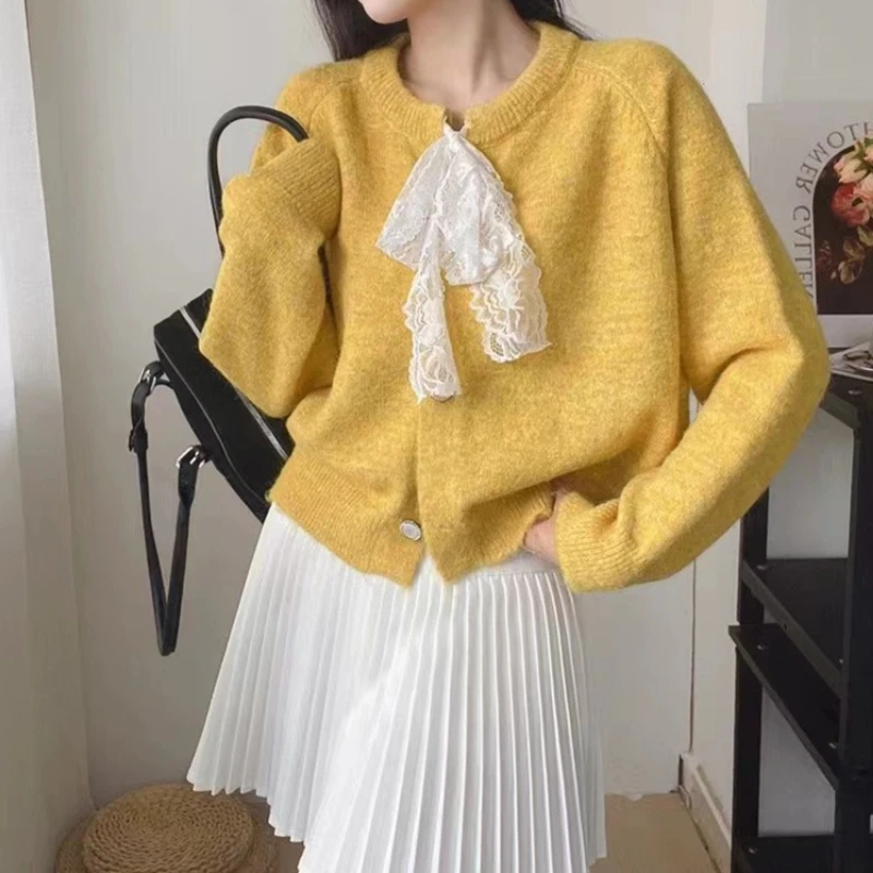 Gentle Wind Lace Lace-up Knitted Cardigan for Women 2025 Autumn and Winter Women's Sweet Solid Color Soft Glutinous Sweater Coat