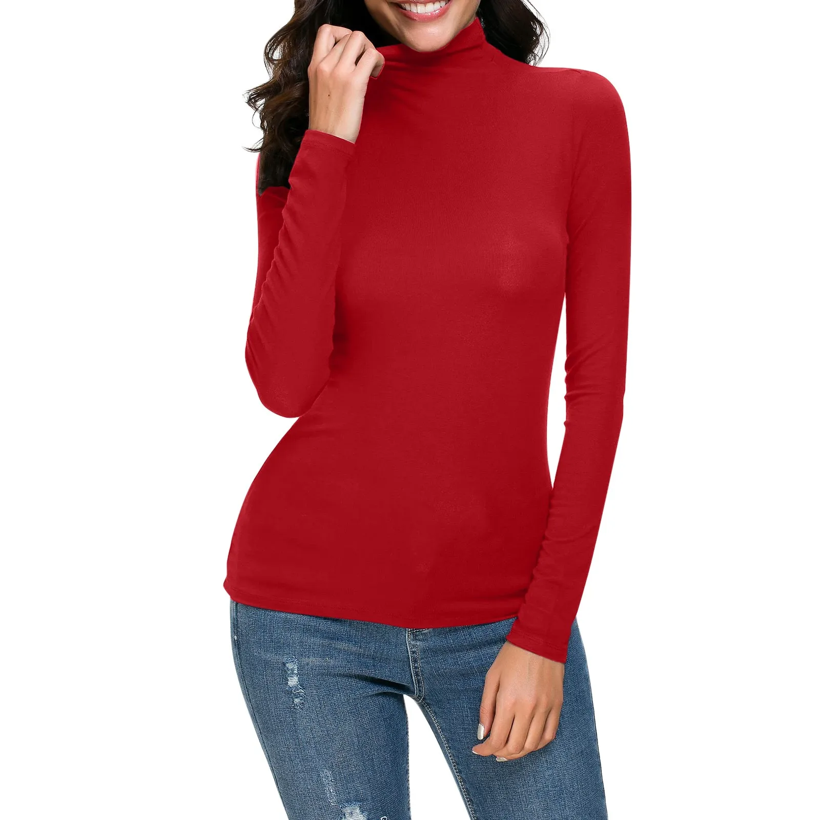 Women Knitted Tops Pullover Fashion Solid Color Long Sleeve Mock Turtleneck Blouse Base Tops Slim Fit Stretchy Layer Tee Shirts