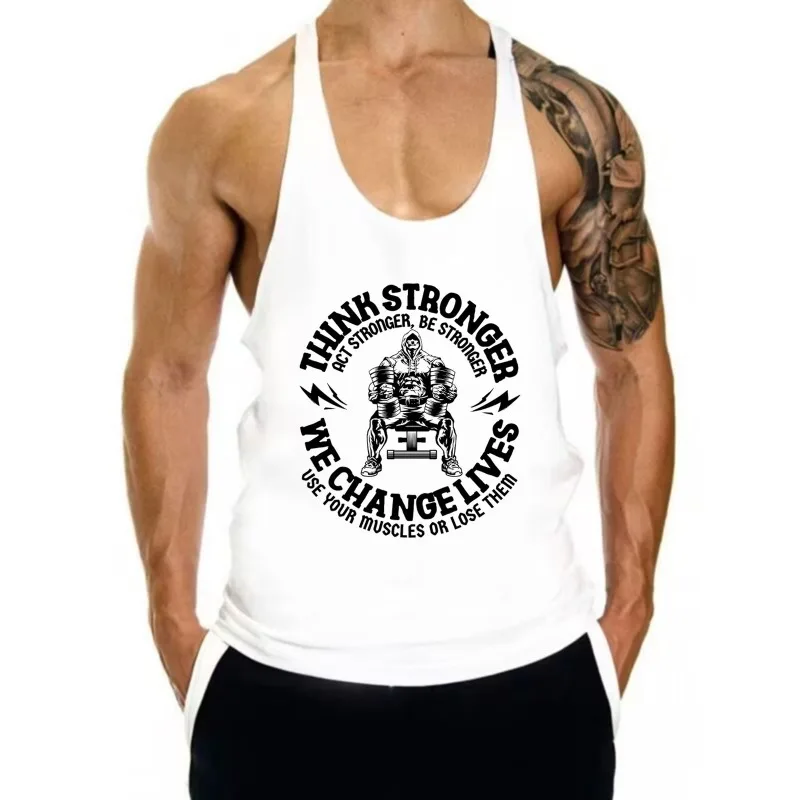 Men’s Summer Tank Tops 100％ Cotton Breathable I-shaped Vest Muscle Man Print Bodybuilding Sportswear Outdoor Fitness Clothing