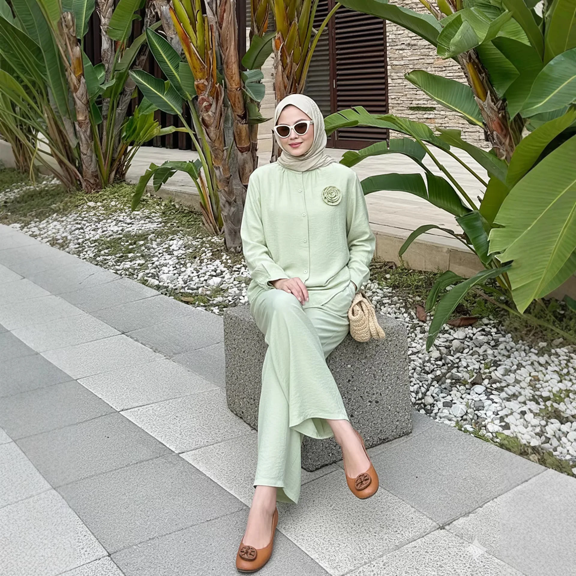 Eid Women Button Shirt Top 2 Piece Set Lace-up Wide Leg Pant Muslim Blouse Jalabiya Ramadan Dubai Musulman Ensembles Arab Long 5