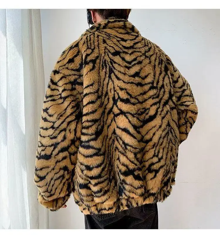 Trendy Cool Tiger Pattern Tops Men Artificial Fur Thicken Coat Stylish Street Y2K Fashion Overcoat Loose Fit Male Overwear Large