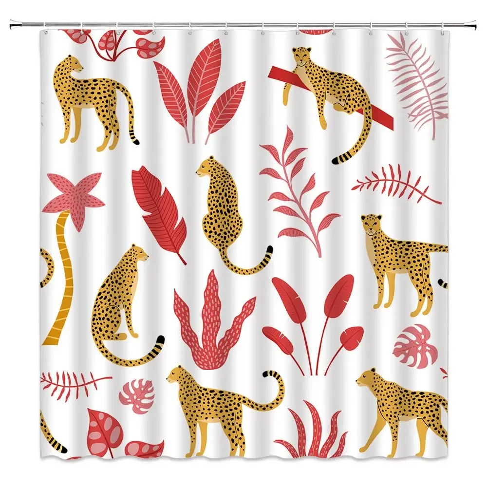 Cortina de baño Bohemia con estampado Floral, visillo de ducha con estampado de leopardo Tropical y Vida Silvestre, rosa y estética moderna fase