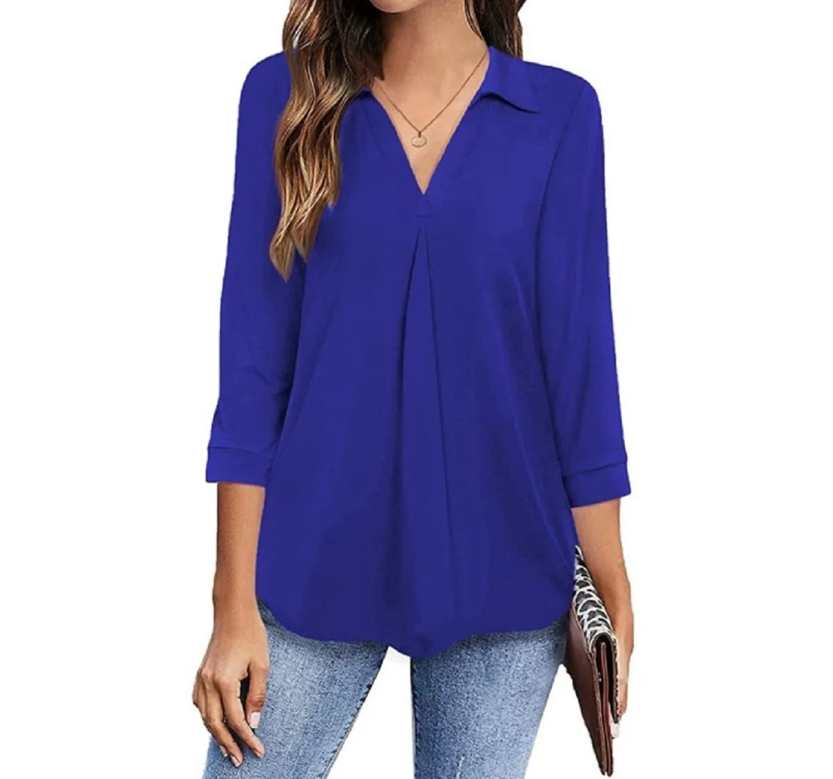 Ladies V-Neck Blouse Shirt Top Summer Loose Casual Female Women Solid Long Sleeve Blouse Shirt Pullover Top Plus Size