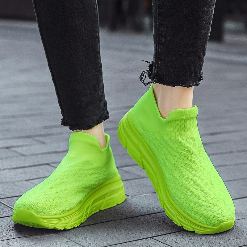 Size 35-48 Green Sneakers Men Sock Shoes Breathable Mesh Women's Sports Shoes Slip-On Platform Running Shoes Men Casual Sneakers