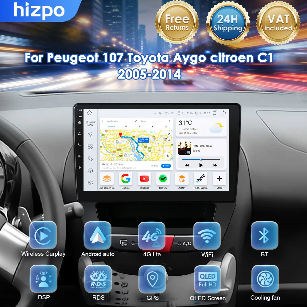 Hizpo CarPlay Wireless per Autoradio Apple per Peugeot 107 Toyota Aygo Citroen C1 2005-2014 Radio Android Auto GPS Multimedia