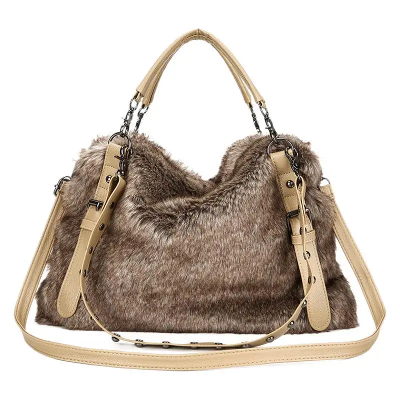 

Women Soft Plush Hand Bag New Winter Camel Rivets Large Capacity Tote Bags Female Underarm Bags Faux Fur Shoulder Crossbody Bag