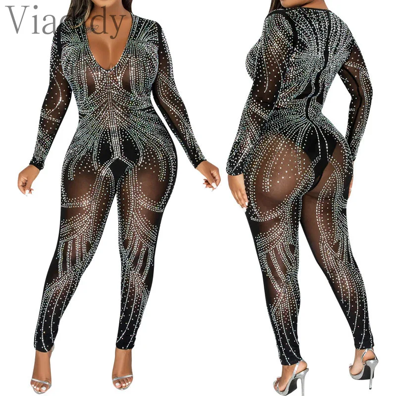 

Mesh Rhinestone Deep V Long Sleeve Skinny Jumpsuit